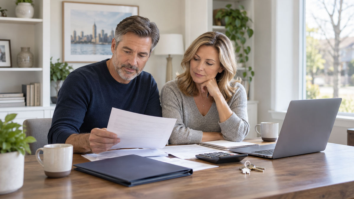 Illinois couple reviewing financial documents while discussing the division of marital assets