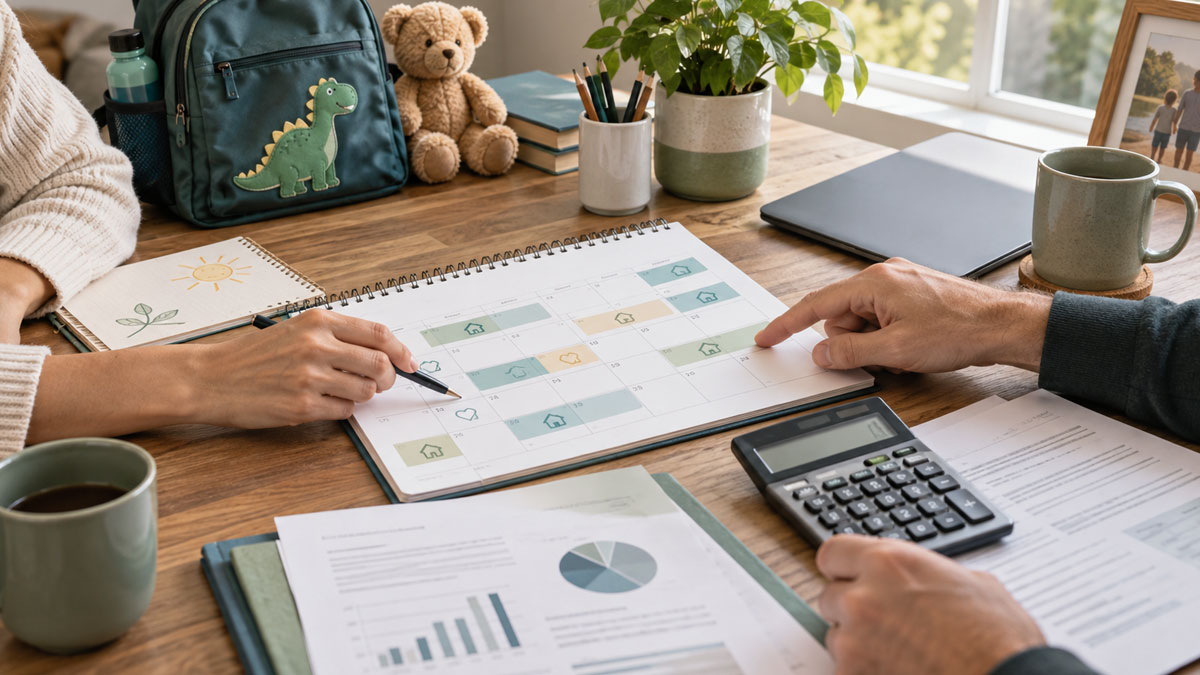Illinois parents reviewing a shared parenting calendar and child support finances for 2027