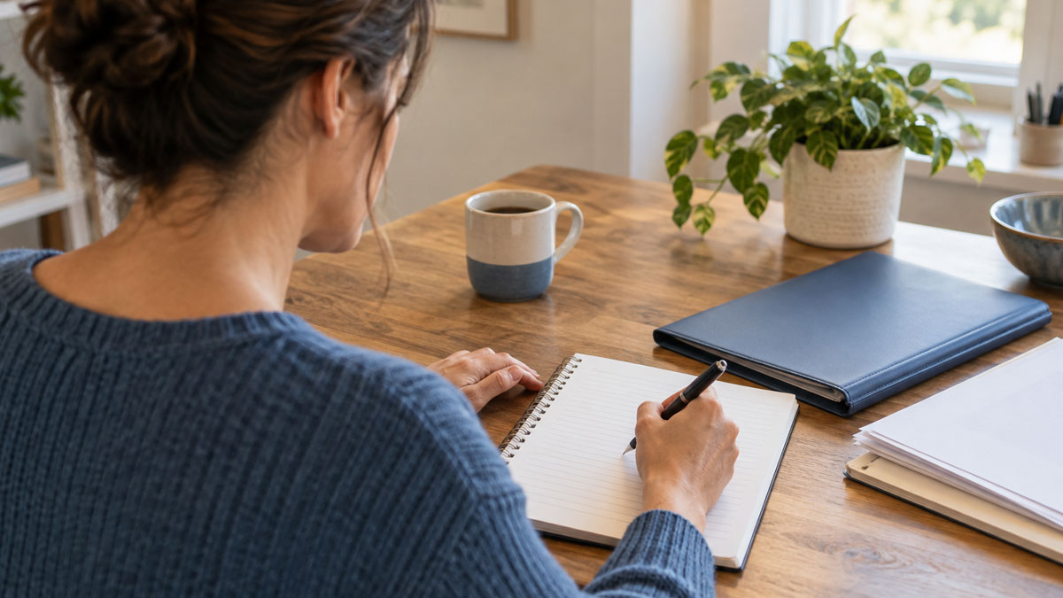 Woman writing questions before her first divorce mediation session